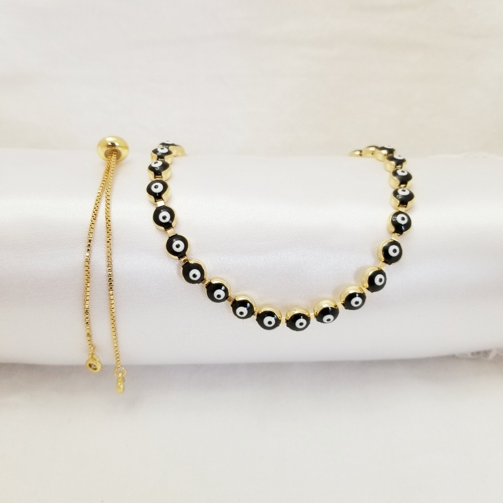 14K Gold Plated black evil eye adjustable women’s choker necklace.